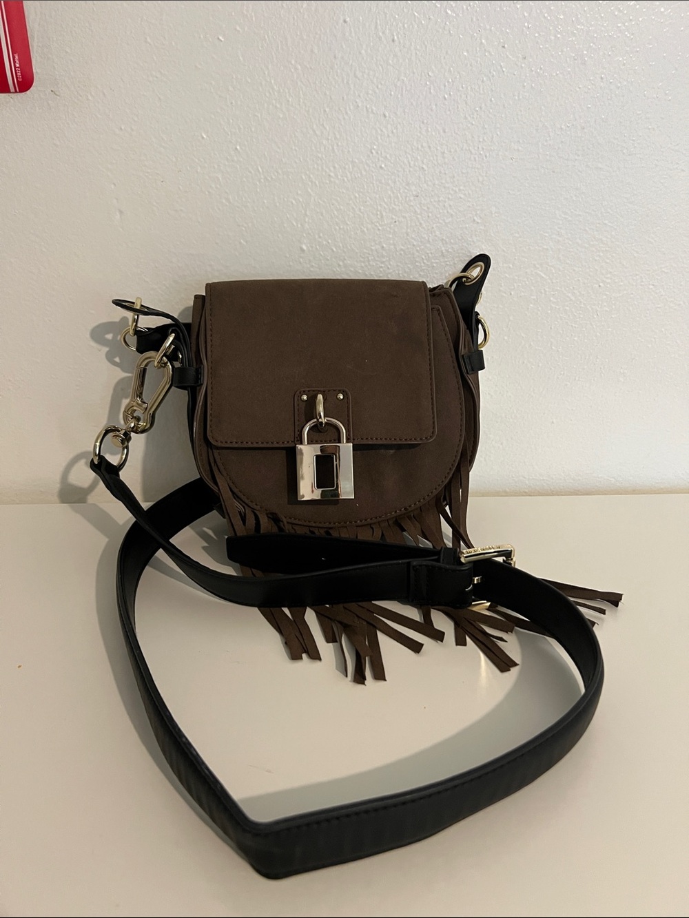 Steve Madden Brown Fringe Crossbody with Black Strap and Silver Hardware